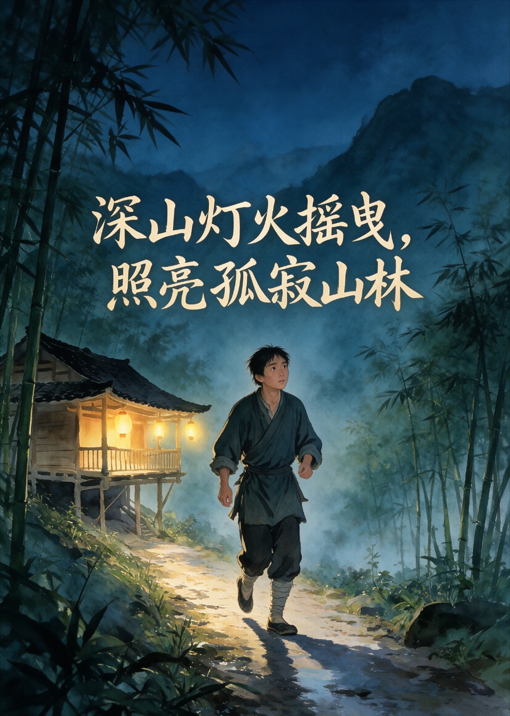 深山灯火摇曳，照亮孤寂山林